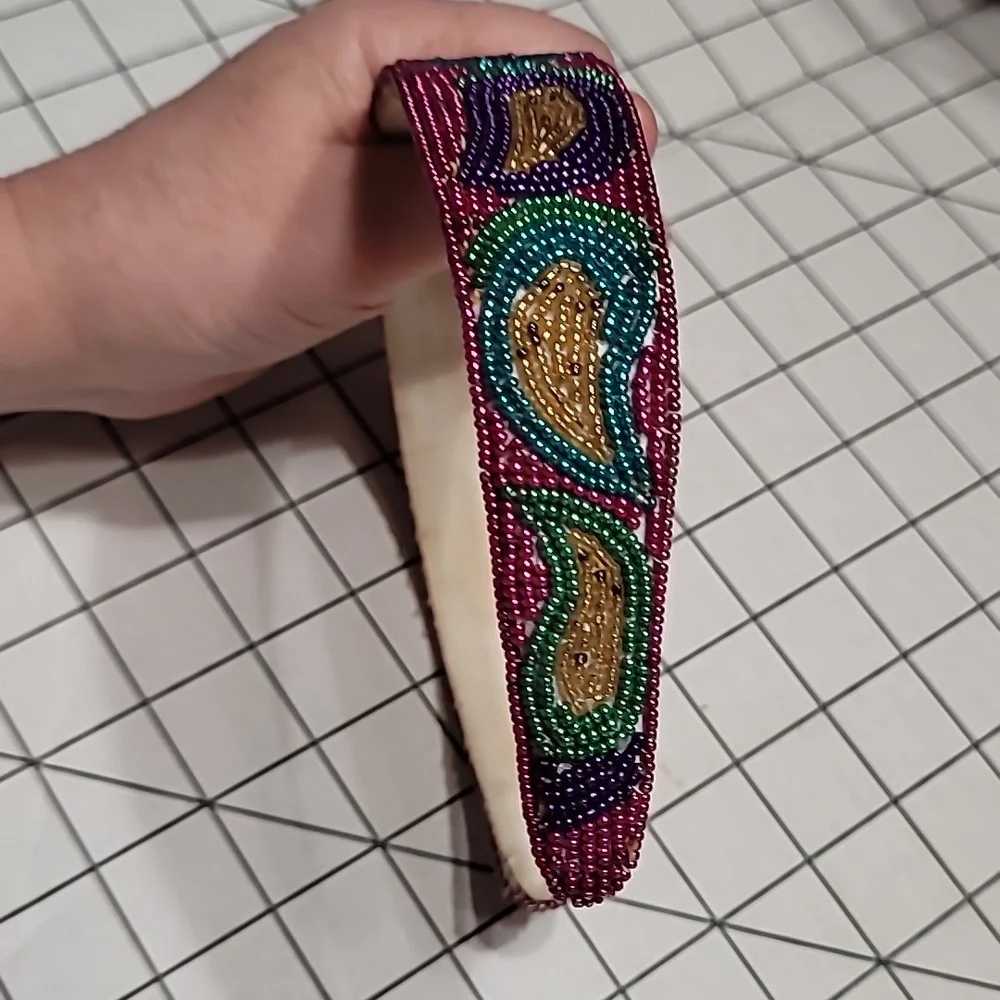 Beaded Headband Metallic pink turquoise purple gold paisley beadwork-GentlPrelvd
